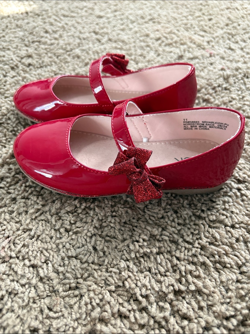 Nordstrom Girls Red Patent Mary Jane with Glitter Bow Accent
